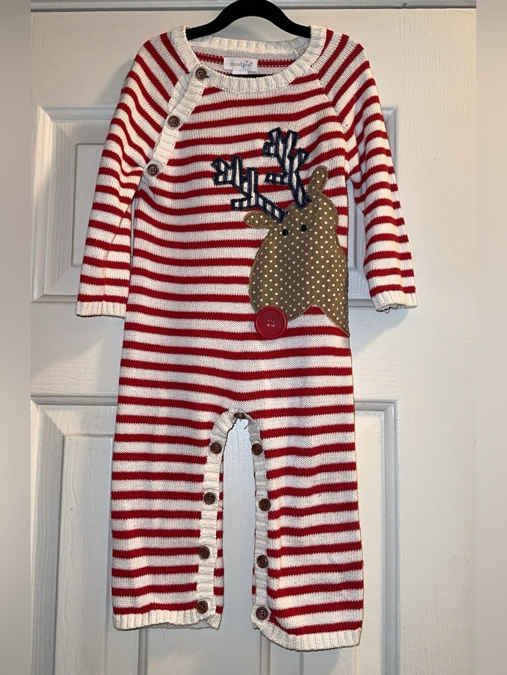 Mud Pie Red & White Striped Reindeer Knit Footie